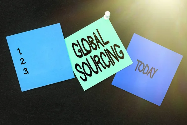 Text med presentation av Global Sourcing. Begreppet praxis för inköp från den globala marknaden för varor Flera diverse samlingskontor brevpapper foto placeras över bordet — Stockfoto
