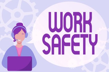 El yazısı metin Çalışma Güvenliği. Bayan Çağrı Merkezi İllüstrasyonu 'nun Kulaklık Konuşması Konuşması Kabarcık Konuşması ile çalışanların sağlığını sağlama almak için politika ve prosedürler üzerine yazılmış bir sözcük.