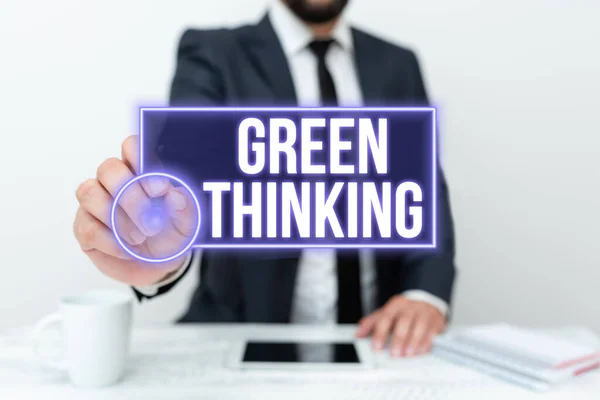 Teksten weergeven Green Thinking. Concept betekent Nemen om verantwoordelijkheid voor het milieu werkelijkheid te maken Presentatie Communicatietechnologie Smartphone Voice And Video Calling — Stockfoto