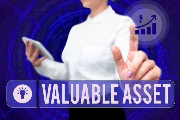 Sign displaying Valuable Asset. Word for Your most valuable asset is your ability or capacity Lady In Uniform Standing Hold Phone Virtual Press Button Futuristic Tech. — Stock Photo, Image