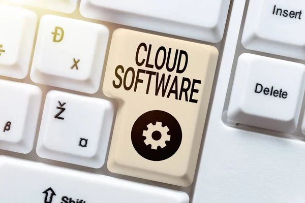 Firma la visualizzazione del software Cloud. Parola per i programmi utilizzati nella memorizzazione Accedere ai dati su Internet Creazione di inserimento dati e digitazione di posti di lavoro, pubblicazione sul sito Web di vendita online — Foto Stock