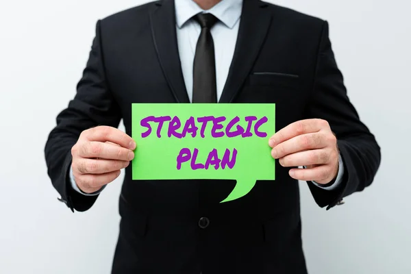 Textskylt som visar strategisk plan. Affärsidé En process för att definiera strategi och fatta beslut Att presentera nya planer och idéer Demonstrera planeringsprocessen — Stockfoto