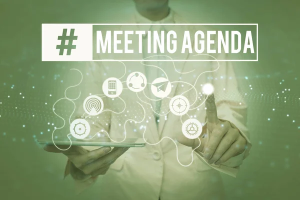 Handwriting text Meeting Agenda. Conceptual photo An agenda sets clear expectations for what needs to a meeting Lady In Uniform Holding Tablet In Hand Virtually Tapping Futuristic Tech.