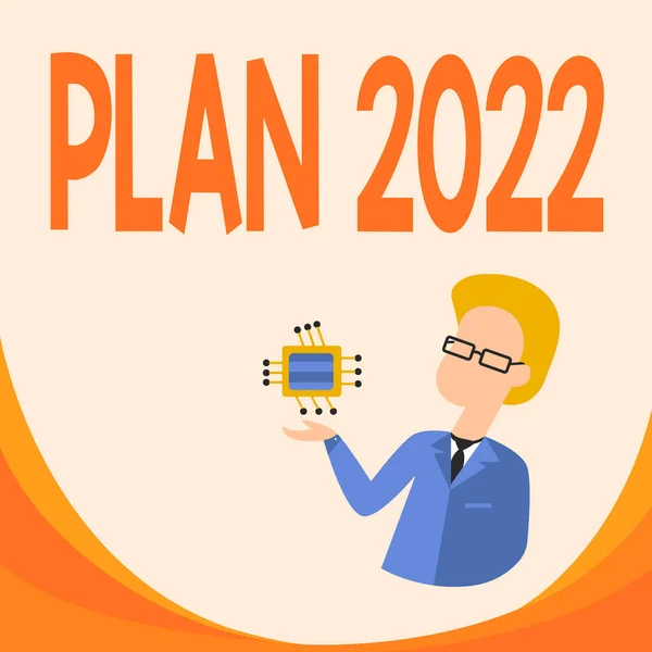 概念表示計画2022.Wordは、来年何かを行うか達成するための詳細な提案に書かれた男は立ち、コンピュータマイクロチップを保持する新しい技術を示す. — ストック写真