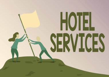 Metin Otel Servisleri gösterimi yazılıyor. Bir konaklama ve pansiyonun kavramsal fotoğraf tesisleri Erkek ve Kadın Dağ Zirvesine Bayrak Çekiyor.