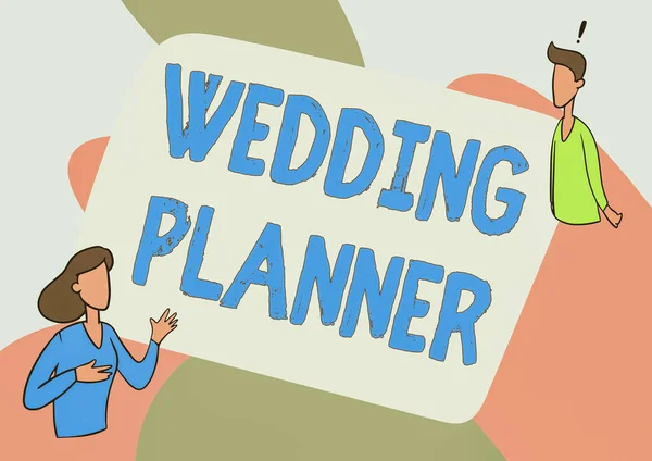 Bildunterschrift: Hochzeitsplaner. Jemand, der Hochzeiten als Beruf plant und organisiert Lady Illustration im Sondierungsgespräch mit ihrem Kollegen. — Stockfoto