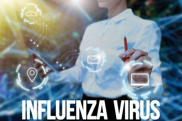 Influenza vírus kijelzése. Internet Concept egy fertőző betegség által okozott influenza vírus Lady In Uniform Holding Tablet In Hand Virtuális gépelés Futuristic Tech. — Stock Fotó