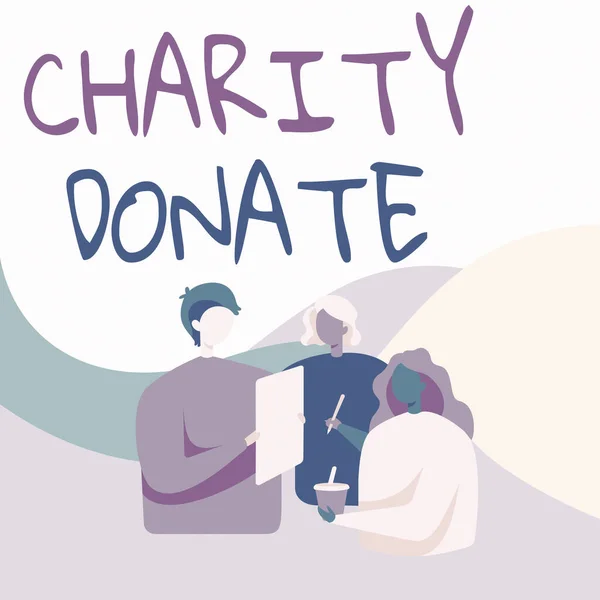 Textschild mit Charity Donate. Geschäftsidee Geschenk von einer Einzelperson an eine gemeinnützige Organisation Kollegen im Gespräch miteinander Holding Papier Pen Cup. — Stockfoto