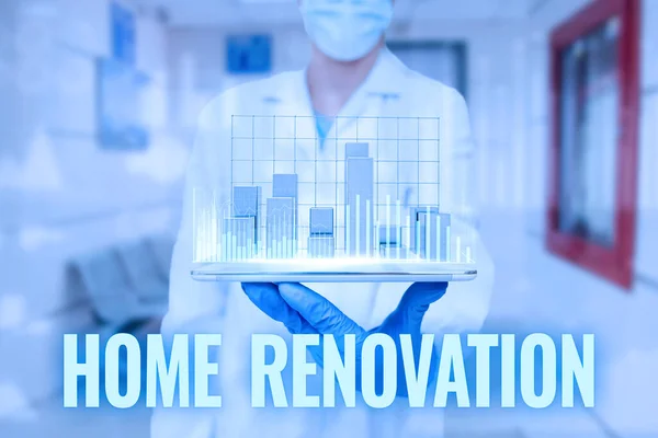 Inspiration visar tecken Home Renovering. Word Skrivet om processen att renovera eller göra tillägg till en s är hem Man In Uniform Standing Holding Tablet Visar Medical Futuristic Tech. — Stockfoto