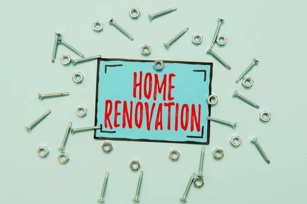 Handstil text Home Renovering. Affärsöversikt process att renovera eller göra tillägg till en s är hem Underhåll Verktyg och utrustning Mekaniker och ingenjör Reparationer — Stockfoto