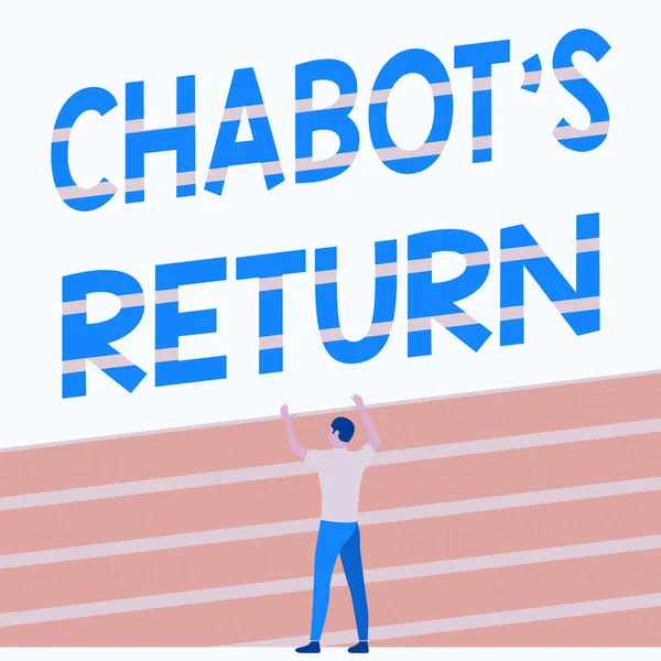 Текстовая подпись представляет Chabot S Return. Концепция Интернета возвращение разговора с помощью слухового или текстового метода Атлетик стоя на трассе Поле поднятия обеих рук демонстрации празднование. — стоковое фото