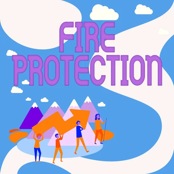 Inspiration showing sign Fire Protection. Business showcase measures taken to prevent fire from becoming destructive Four Colleagues Illustration Climbing Mountain Holding Large Arrow. — Stock Photo, Image