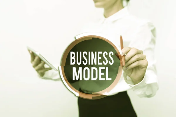 ビジネスモデルを示すテキスト記号。企業が収益または利益を生み出すために使用する戦略のための言葉新技術のアイデアを発表技術改善について話し合う — ストック写真