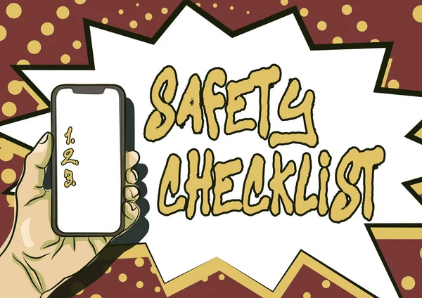 Conceptual caption Safety Checklist. Concept meaning list of items you need to verify, check or inspect Displaying Important Informations, Presenting Smartphone Annoucements