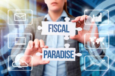 Sign displaying Fiscal Paradise. Business showcase Tax on development Rates of taxation for foreign investors Business Woman Holding Jigsaw Puzzle Piece Unlocking New Futuristic Tech. clipart