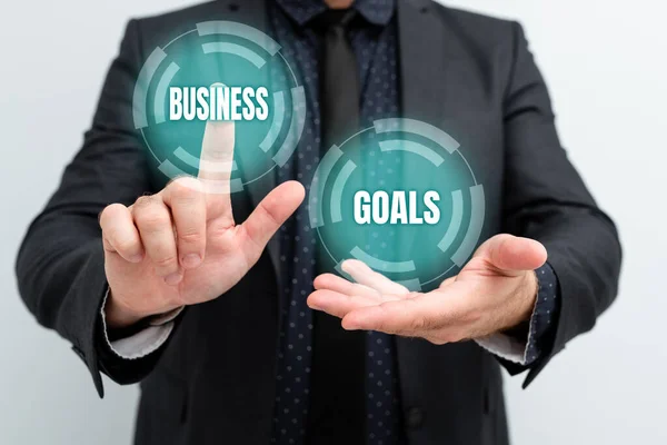 Tekst bijschrift presenteren Business Goals. Concept betekent dat bedrijf verwacht te bereiken over een bepaalde periode Presentatie van nieuwe plannen en ideeën Demonstreren van het planningsproces — Stockfoto