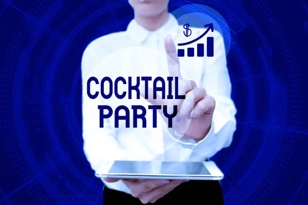 Writing displaying text Cocktail Party. Business overview formal party with alcoholic drinks usually in early evening Lady In Uniform Holding Phone Virtual Press Button Futuristic Technology. — Stock Photo, Image