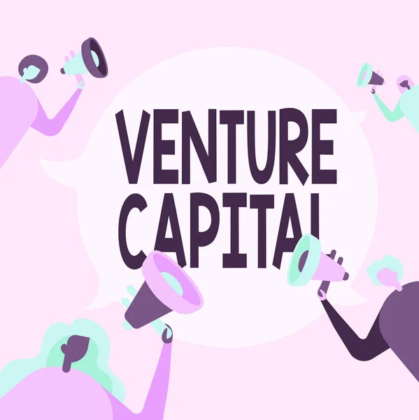Χειρόγραφο κείμενο Venture Capital. Επιχειρηματικό κεφάλαιο βιτρίνα επενδύσει σε ένα έργο στο οποίο υπάρχει κίνδυνος Οι άνθρωποι που σχεδιάζουν κρατώντας Megaphones τους Μιλώντας μεταξύ τους. — Φωτογραφία Αρχείου