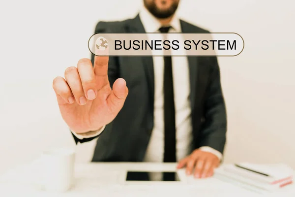 Hand writing sign Business System. Word Written on A method of analyzing the information of organizations Presenting Communication Technology Smartphone Voice And Video Calling — Stock Photo, Image