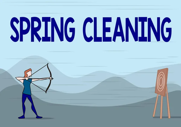 テキストを表示する春のクリーニングを書く。春の徹底的な掃除の練習のための言葉女性射手イラスト保持弓ターゲットを目指して. — ストック写真