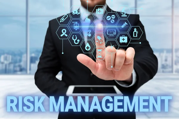 Risk Yönetimini gösteren bir tabela. Ekonomik risklerin iş yaklaşımı değerlendirmesi veya Üniformalı Bekleme Tableti Yazan Futuristik Teknolojiler ile ilgili prosedürlerdeki sorunlar.