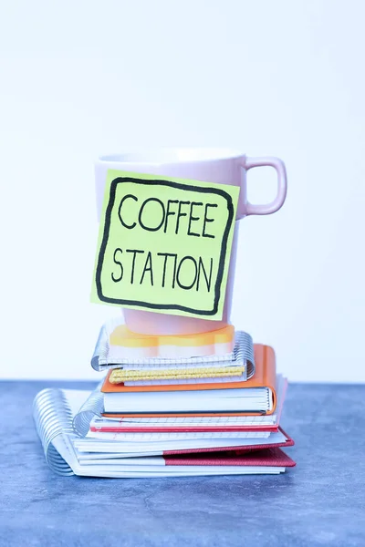 Sign displaying Coffee Station. Conceptual photo a small informal restaurant where hot drinks are served Organized And Neat Sorting Arrangement Files And Document Storing Ideas