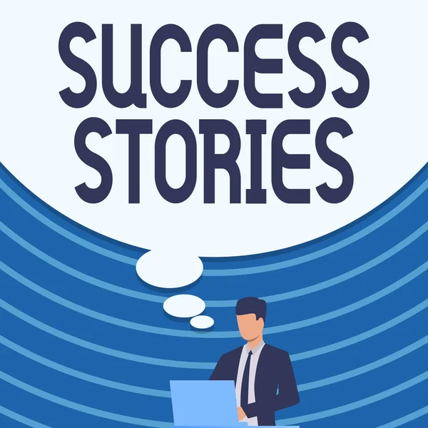 Konzeptionelle Bildunterschrift: Erfolgsgeschichten. Das Geschäftsleben der Regelmodelle von seinen Anfängen bis zu seinem Tod Geschäftsmann im Anzug zeichnet mit Laptop mit großer Ideenblase. — Stockfoto