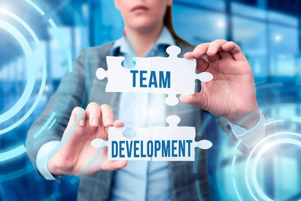 Testo calligrafico Team Development. Panoramica aziendale Scopri perché e come i piccoli gruppi cambiano nel tempo con i grafici Business Woman Holding Puzzle Piece Unlocking New Futuristic Tech. — Foto Stock