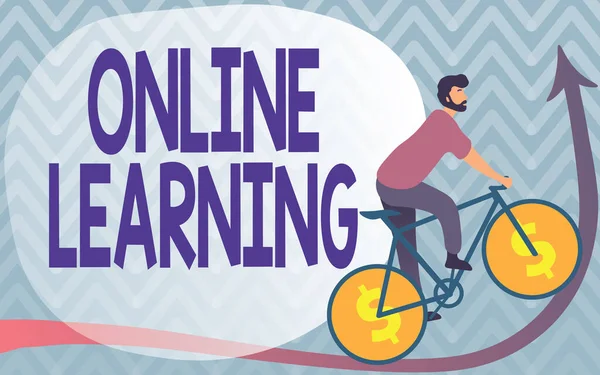 Автор музики та онлайн-навчання. Концепція означає, що Ларнінг за допомогою інтернету і комп'ютера Людина, яка малює велосипед з колесами з доларовими знаками, йде вгору. — стокове фото