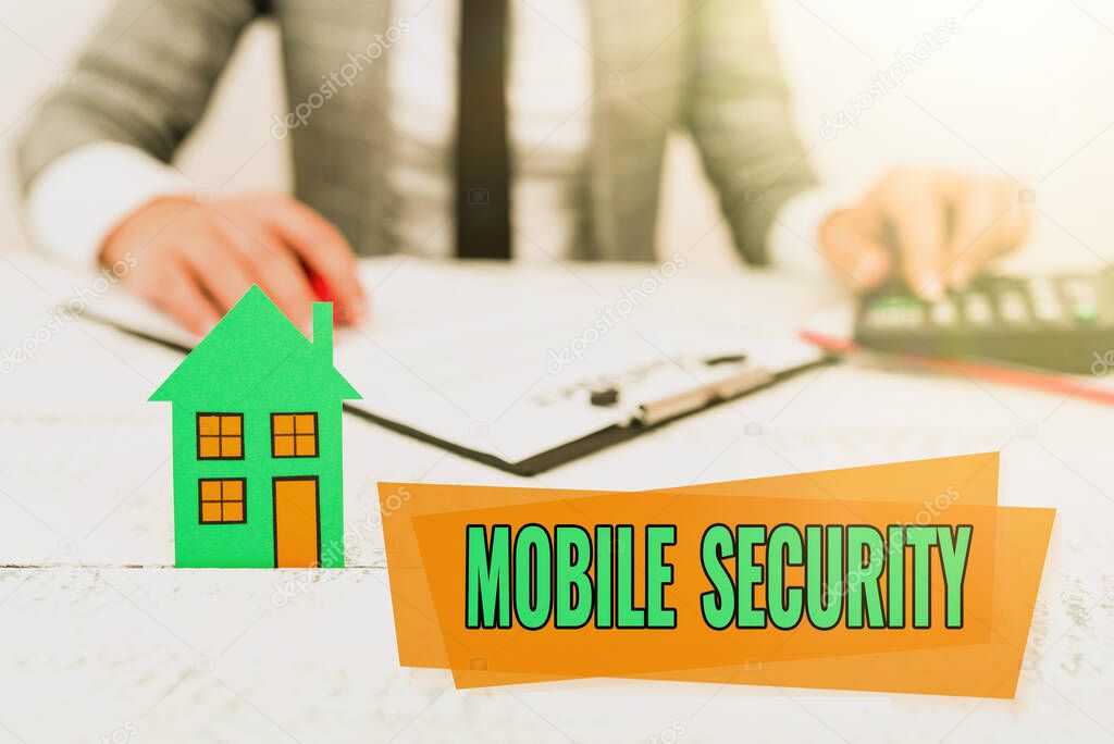 Conceptual caption Mobile Security. Concept meaning Protection of mobile phone from threats and vulnerabilities New home installments and investments plans represeneted by lady