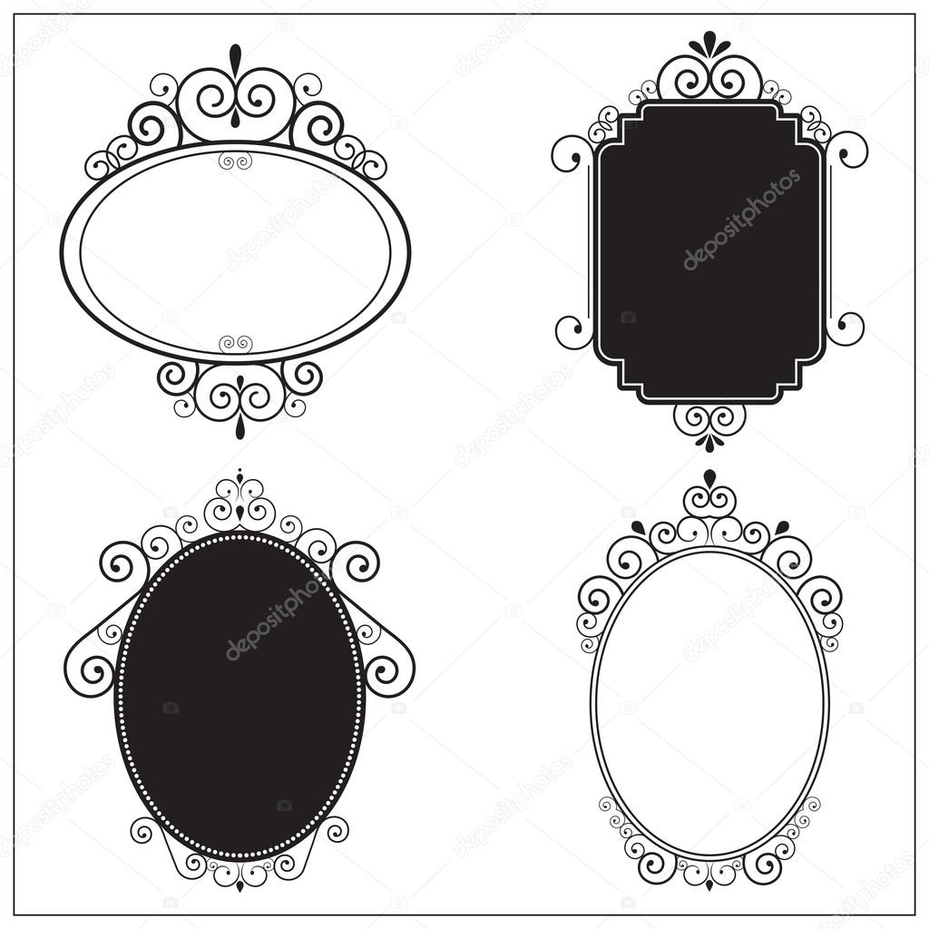 Set of decorative black and white vintage swirl frames. Design elements