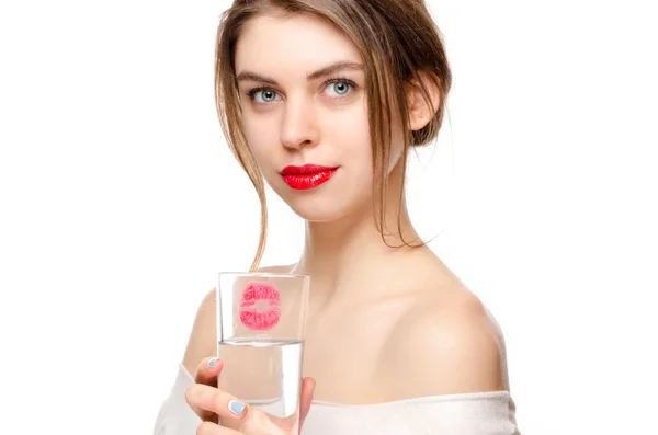 Beautiful Girl Holds a Glass of Pure Water — Stock Photo, Image