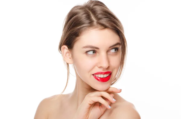 Belleza modelo chica con labios rojos aislados sobre blanco — Foto de Stock