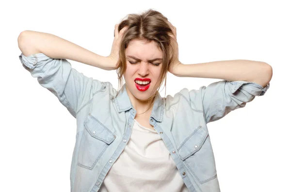 Retrato de mujer gritando excitada atractiva, tomados de la mano en él — Foto de Stock