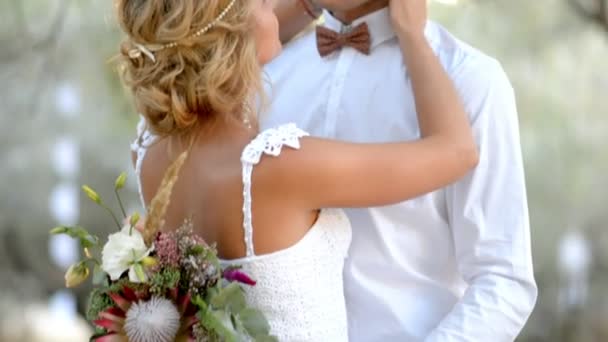 Beautiful young couple bride and groom embracing and hugging at sunset — Stock Video