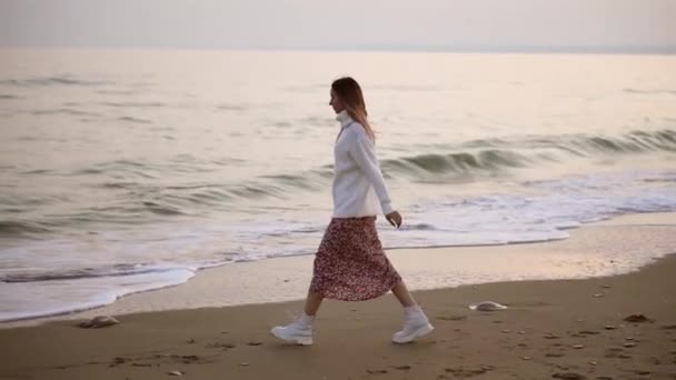 Chica en ropa elegante camina a lo largo de la vista de la orilla del mar desde el lado — Vídeos de Stock