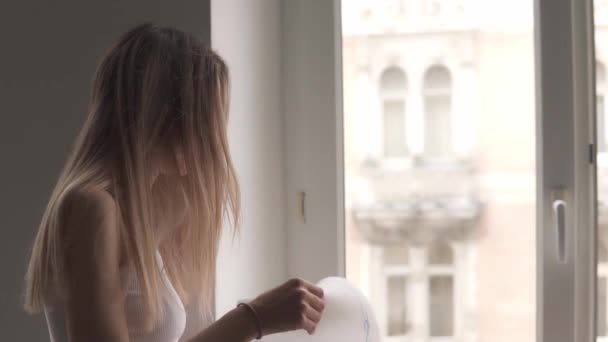 Schlankes Mädchen putzt Fenster mit Lappen bei Hausarbeit zu Hause — Stockvideo