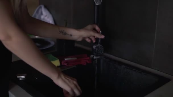 Mujer se lava las manos en la cocina — Vídeos de Stock