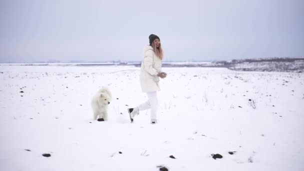 Mujer joven al aire libre disfrutando de la primera nieve con la familia y el perro, lanzando una bola de nieve — Vídeos de Stock