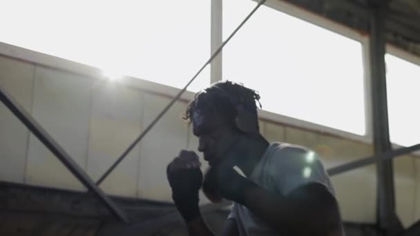 Male boxer practicing shadow boxing indoors, sunlight pouring from window — Stock Video