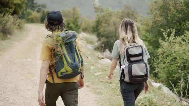 Ένα ευτυχισμένο ζευγάρι backpackers με τα πόδια από τα δάση μονοπάτι, πίσω όψη — Αρχείο Βίντεο