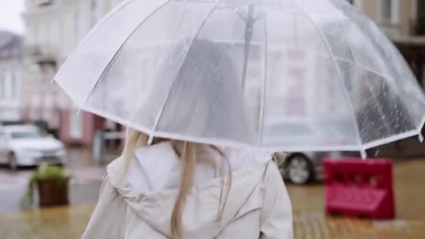 Vue rare d'une femme marchant avec un parapluie transparent sous la pluie jour après jour par ville — Video