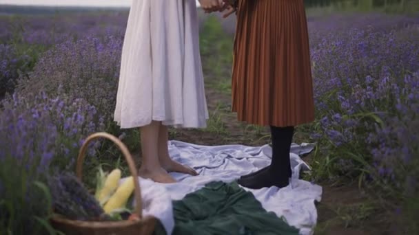Două femei superbe stau printre câmpul de lavandă, ţinându-se de mână şi privind unul la celălalt. — Videoclip de stoc
