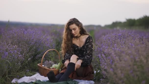 Sensual woman on lavender field, putting on black tights, slow motion — Stock Video