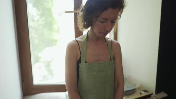 앞치마를 입고 그림 솔을 많이 들고 있는 젊은 미술가 — 비디오
