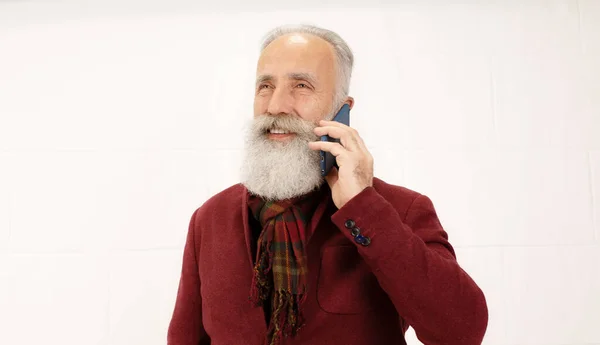 Stylish Senior Man Burgundy Outfit Talking Smartphone Posing Isolated White — Stock Photo, Image