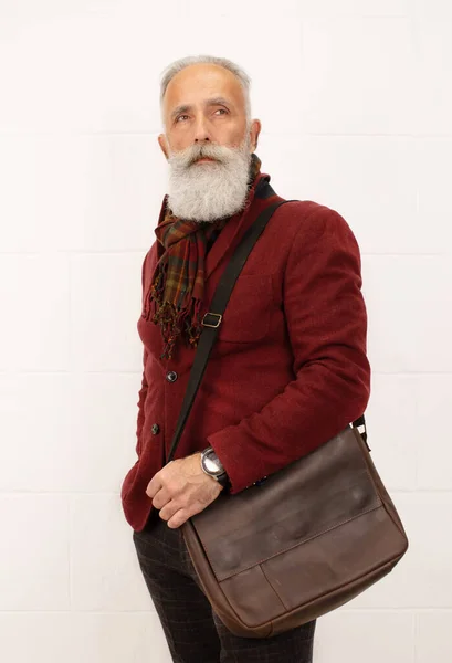 Stylish Senior Man Burgundy Outfit Leather Bag Posing Isolated White — Stock Photo, Image
