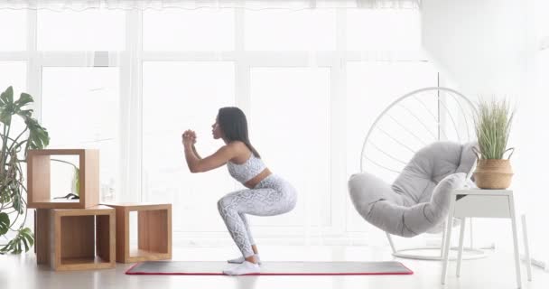 Femme Noire Athlétique Engagée Dans Sport Faire Des Exercices Squats — Video