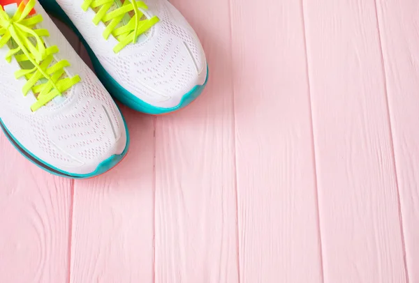 Close View Pair White Sneakers Pink Wooden Background — Stock Photo, Image