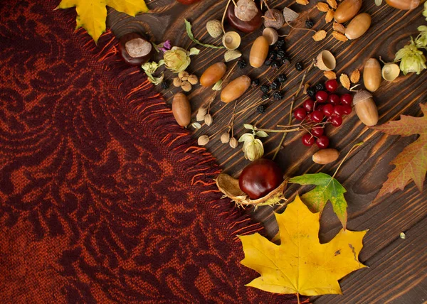 Top View Autumn Border Fallen Leaves Old Wooden Background — Stock Photo, Image